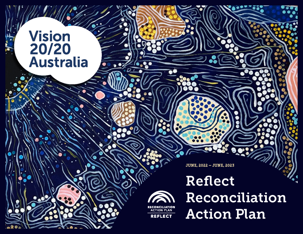 Vision 2020 Australia RAP cover image. There is blue, pink and white Indigenous artwork and our logo.