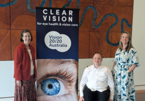 Vision 2020 Australia Board Director Dr Kate Reid, Policy and Advocacy Manager Jonathan Craig, and CEO Carly Iles at Parliament House in Canberra.