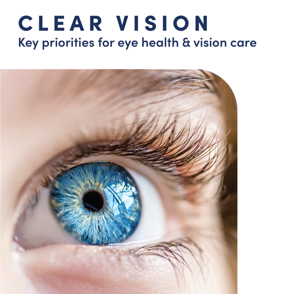 A close up of a person's eye, with text above that says: Clear Vision - key priorities for eye health and vision care.
