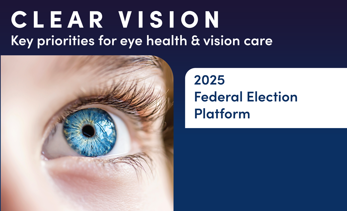 A close up image of a person's eye, with adjacent text that reads: Clear vision - Key priorities for eye health and vision care.